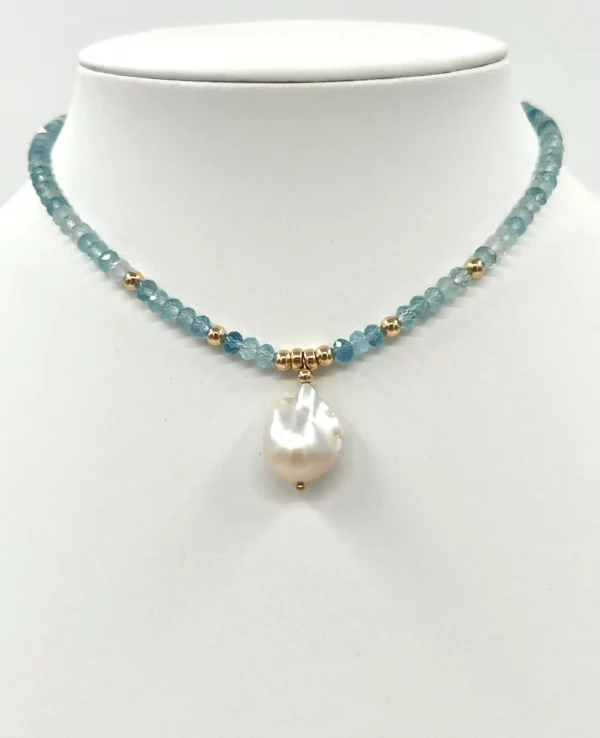 Collier aigue-marine perle baroque golf filled