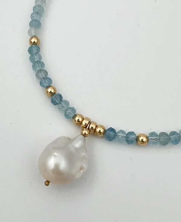 Collier aigue-marine perle baroque golf filled