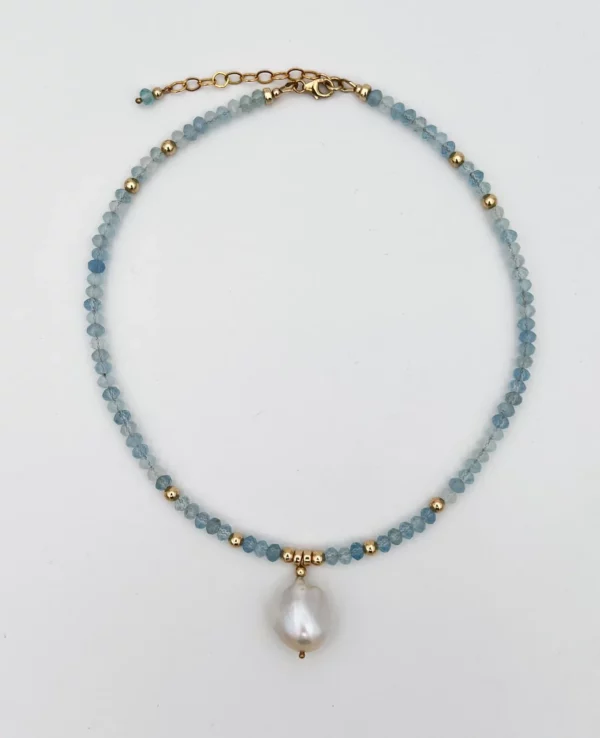 Collier aigue-marine perle baroque golf filled