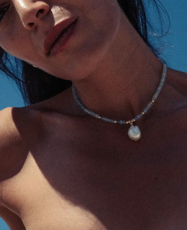 Collier aigue-marine perle baroque golf filled