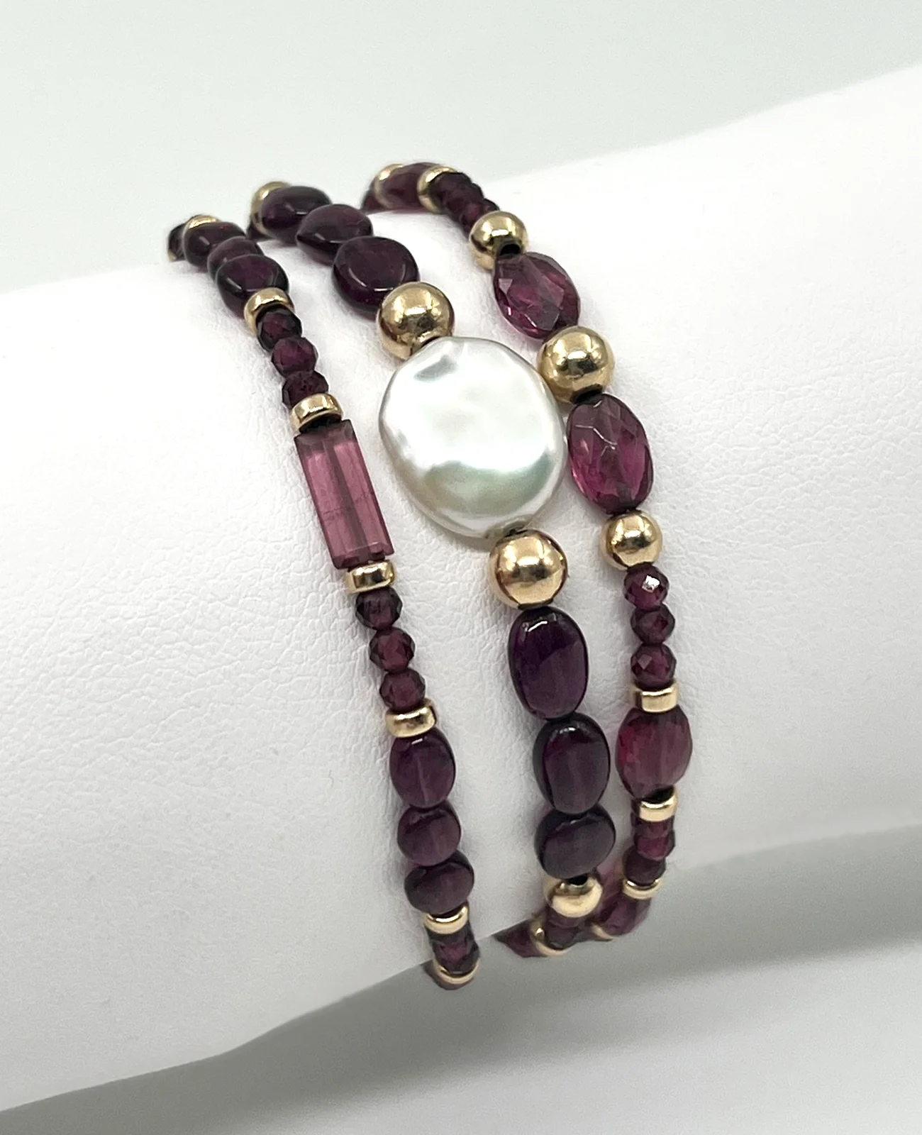Bracelet grenat, tourmaline, keishis et gold filled