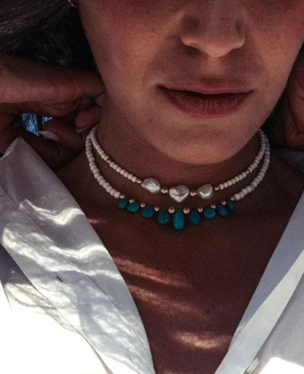 Chocker cacholong, chrysocolle, keishis & gold filled