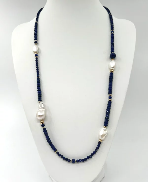 Sautoir lapis lazuli, keishis, perle baroque et gold filled