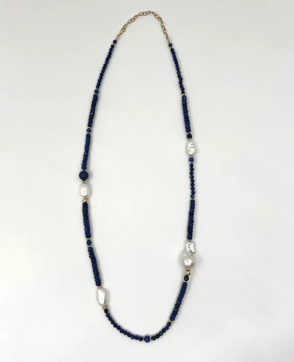 Sautoir lapis lazuli, keishis, perle baroque et gold filled