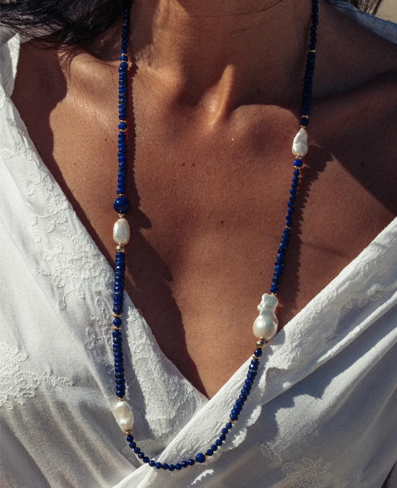 Sautoir lapis lazuli, keishis, perle baroque et gold filled