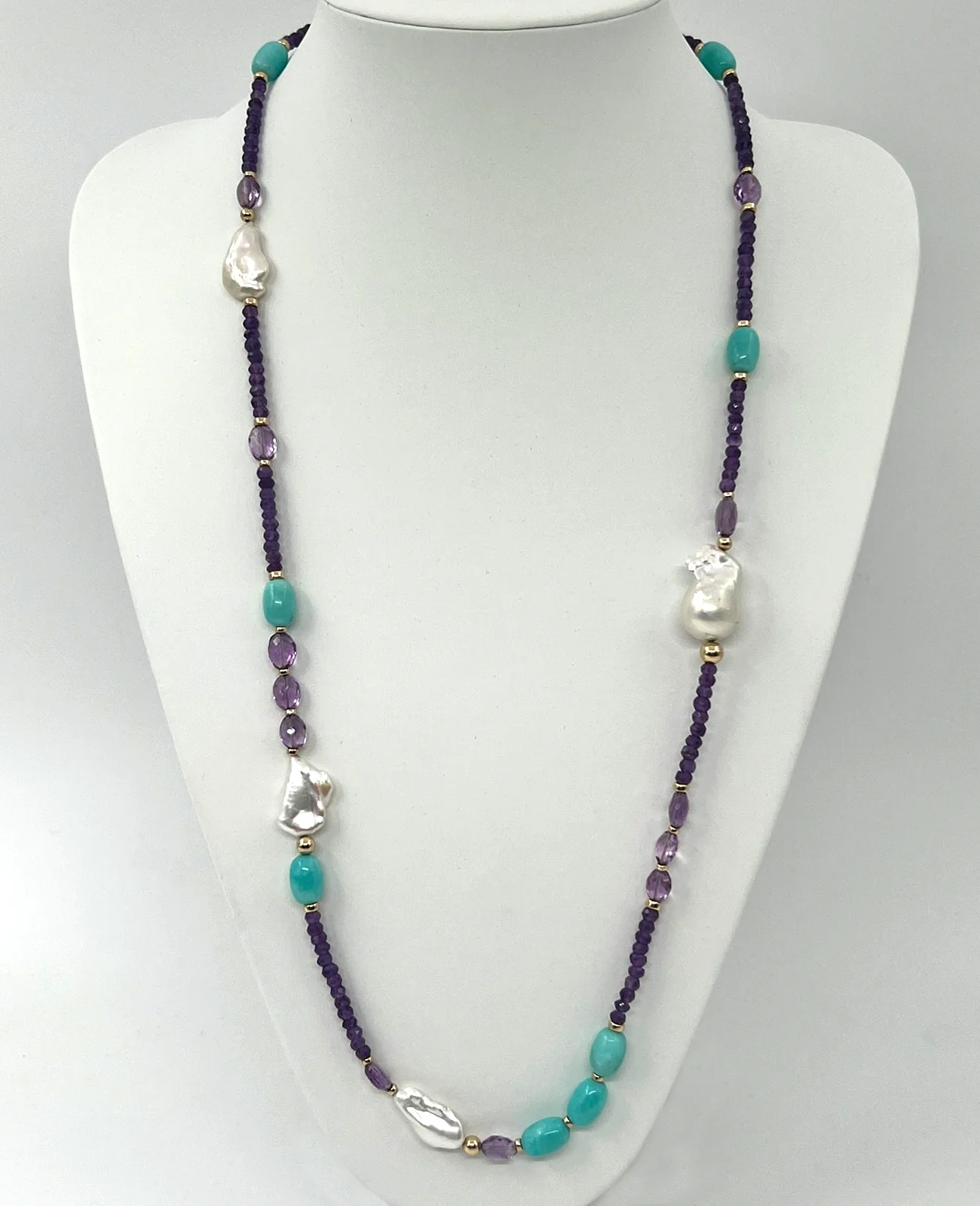 Sautoir améthyste, amazonite, keishis, perle baroque et gold filled