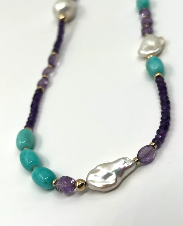 Sautoir améthyste, amazonite, keishis, perle baroque et gold filled