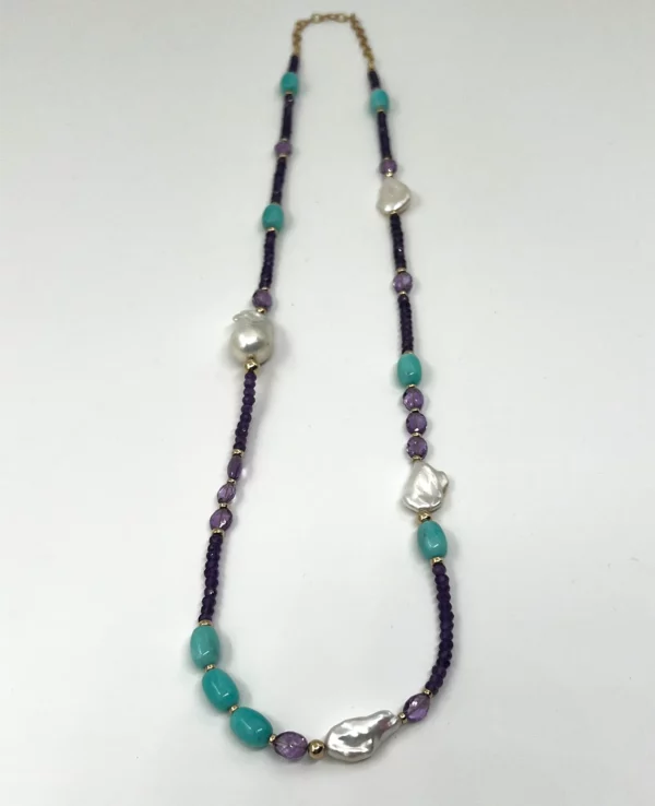 Sautoir améthyste, amazonite, keishis, perle baroque et gold filled