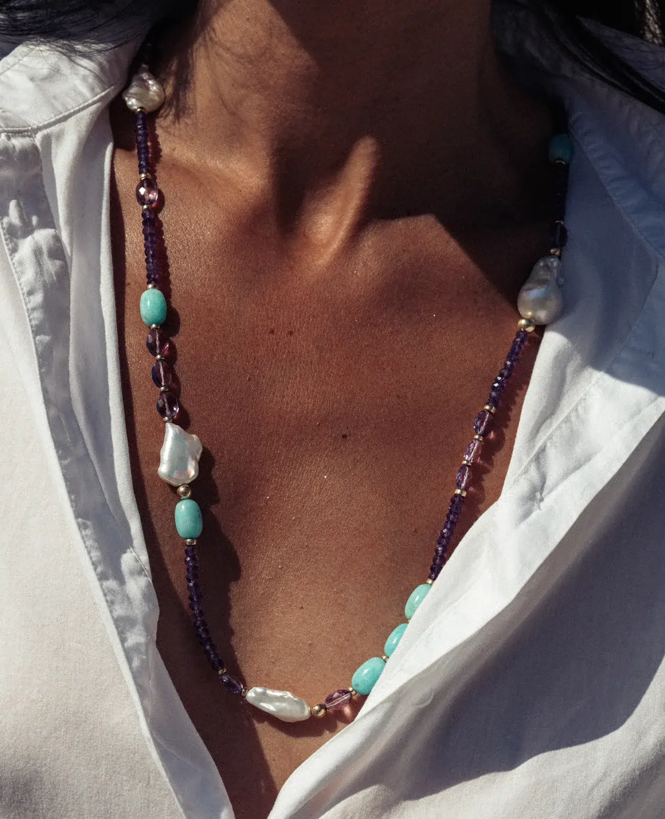 Sautoir améthyste, amazonite, keishis, perle baroque et gold filled