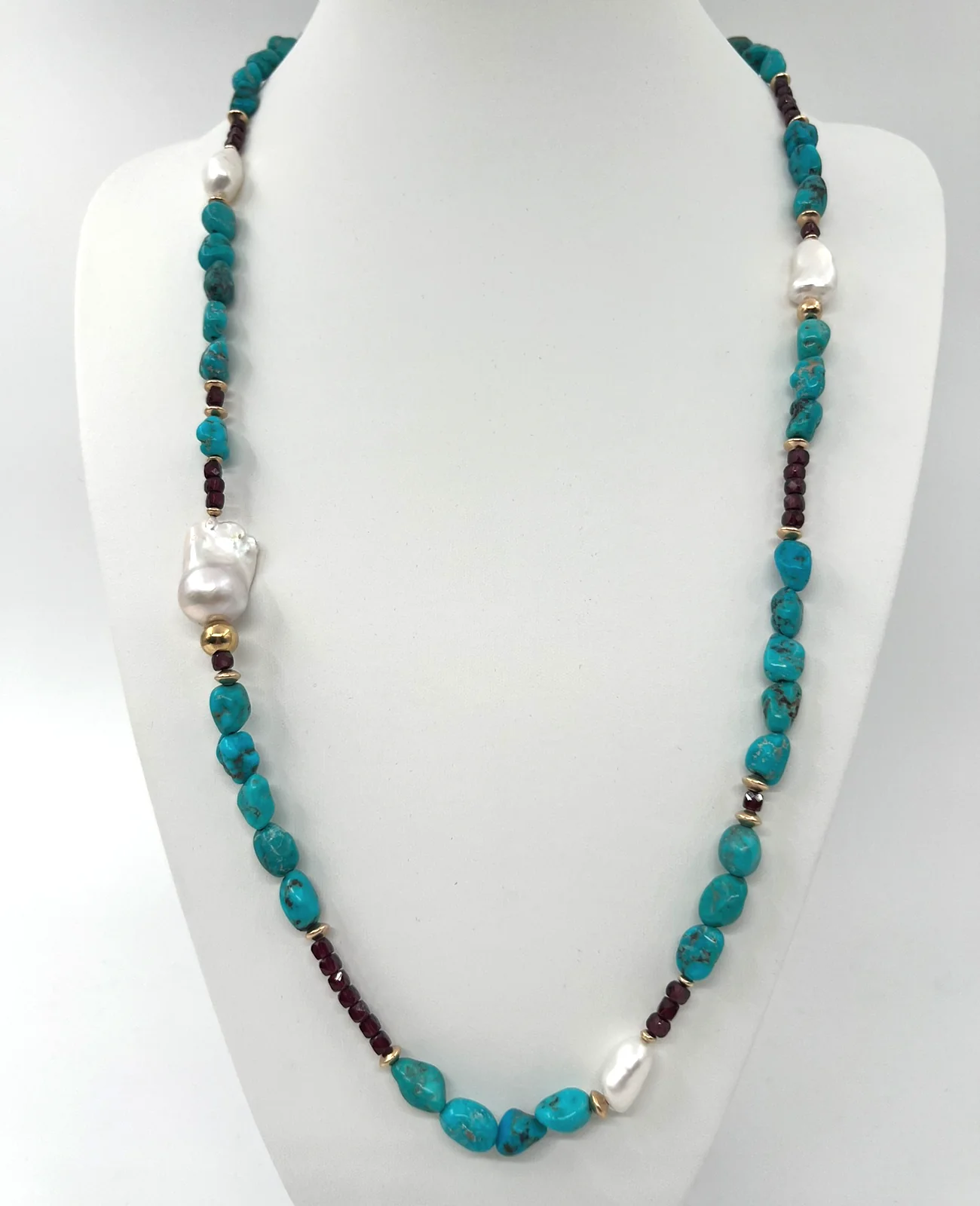 Sautoir turquoise, grenat, keishis, perles baroque et gold filled