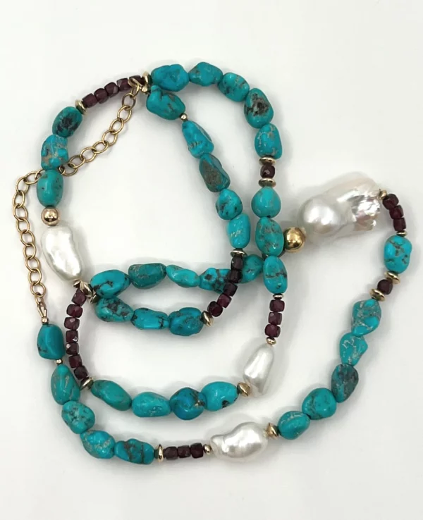 Sautoir turquoise, grenat, keishis, perles baroque et gold filled