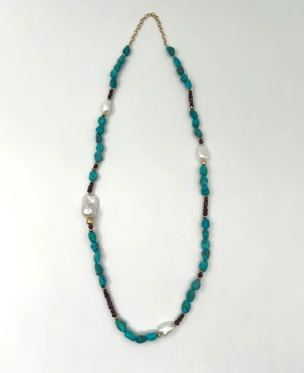 Sautoir turquoise, grenat, keishis, perles baroque et gold filled