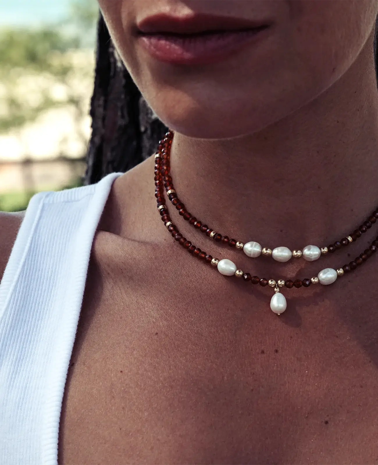 Chocker grenat, perles de culture gold filled