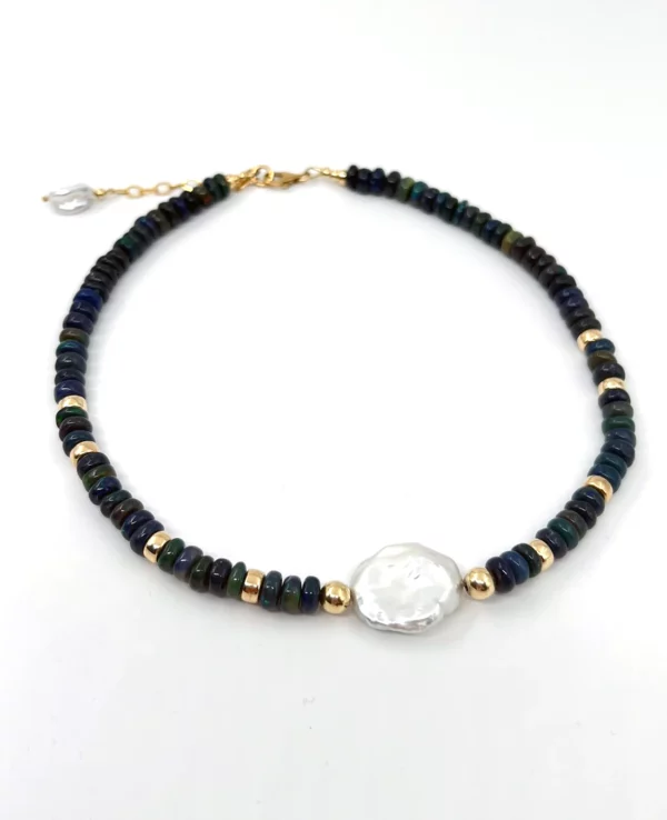 Collier opale noire d'Australie, keishi et gold filled